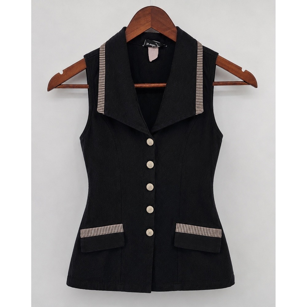 Breakin Loose Vintage Black Sleeveless Button Front Vest Waistcoat Striped Trim